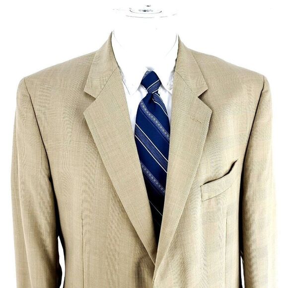 Adolfo International Super 120s Wool 2 Button Blazer 42R Tan Plaid Blue Window‎ - Picture 1 of 10